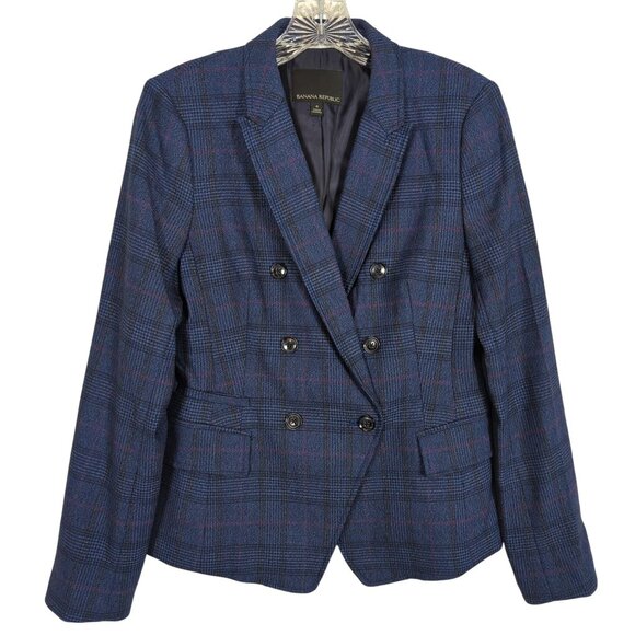 Banana Republic Women’s Plaid blue Blazer Sz 4 Double Breasted Glen Check Jacket - Picture 1 of 16